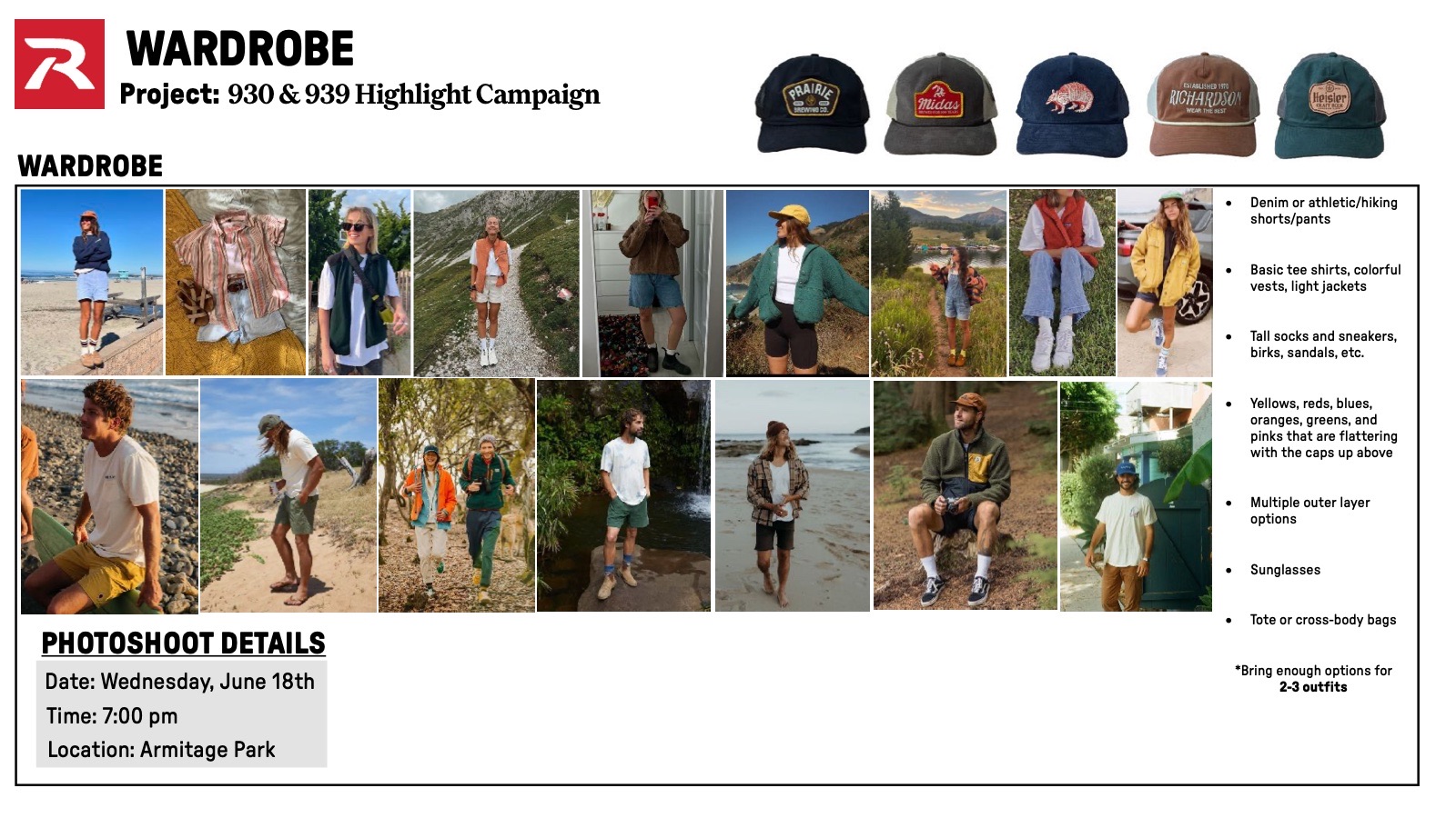 Wardrobe guide and photoshoot details for the 930 and 939 campaign