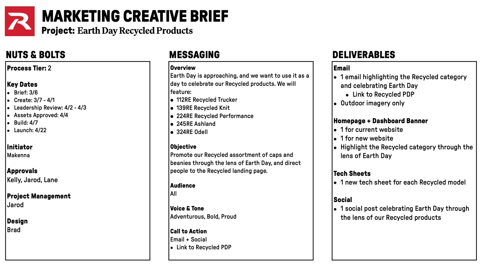 Creative brief for the Earth Day Recycled Products campaign