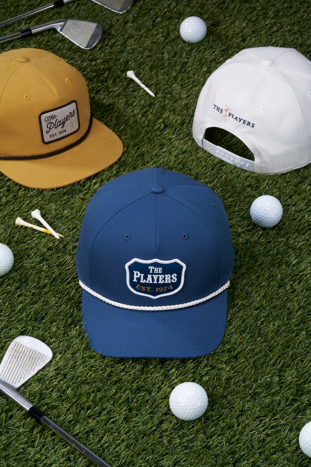 PLAYERS rope caps with golf balls and clubs